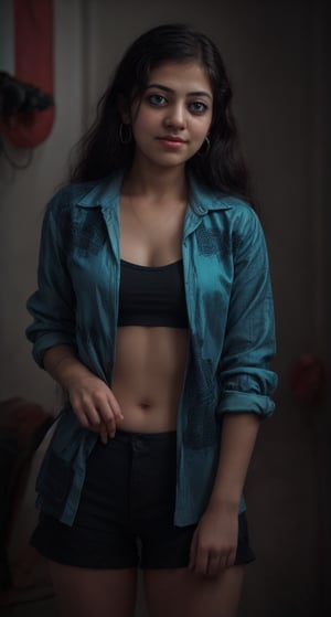 Cyberpunk, Neon glow, masterpiece, high resolution, best quality, 4k, 1girl, solo, beauty photo, amateur photo, 1girl, eye level, oversized button-up shirt, and hoop earrings, Teal-colored Flat ironed straight, stand pose in locker room,lighting,photorealistic,Curly girl ,redneonstyle,Rebecca ,Mallu girl 