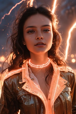 A young and fashionable woman is standing in a square in a metropolis. Behind the woman, a bolt of lightning struck straight towards the ground,close_up,cowboy_shot,Neon,Face,Glow,lightning,(lightning),(lightning background),thunder,lightning bolt