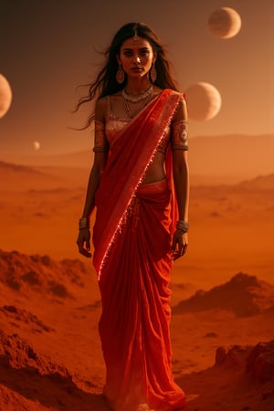 Mars Explorer in Traditional Attire
"A stunning Indian woman stands on the red, rocky surface of Mars, blending elements of her cultural heritage with futuristic technology. Mars rover near She wears a sleek saree, with glowing neon accents:1, customized to reflect traditional Indian motifs, such as intricate gold patterns and a sari-like drape over her shoulder. Her hair wave, mars effect, mars havy sand storm:1.4, revealing a radiant face with sharp, determined eyes. The harsh Martian environment contrasts with her beauty, while the backdrop features the dusty Martian landscape, distant planets, and a futuristic space colony on the horizon. The lighting is dramatic, with warm tones highlighting the red sands of Mars, creating a powerful, cinematic scene captured in ultra-realistic photography."

Details: face texture, perfect eyes, 5 finger on each hands, hair details, costume texture perfect, symmetry, Sharp background,