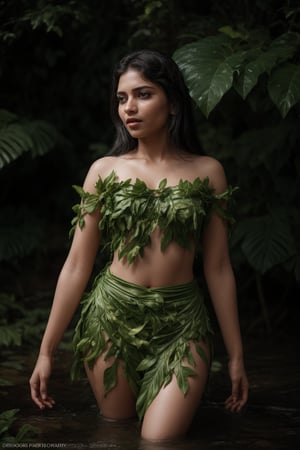 A majestic young woman emerges from the verdant foliage, adorned entirely in a stunning ensemble crafted from delicate Plantain leaves. Red yellow brown colour leafs, Her slender figure is enveloped by a flowing, ethereal gown constructed from thousands of intricately arranged leaves, their gentle curves and soft sheen creating a mesmerizing effect.

The leafy fabric drapes effortlessly around her lithe physique, the subtle rustling of each leaf underscoring the gentle movement of her body as she moves. Her private areas are discreetly concealed by a delicate leafy barrier, its edges carefully positioned to maintain modesty while still showcasing the natural beauty of the surrounding foliage.

The soft, golden light of the sun filters through the leafy canopy above, casting dappled shadows across her skin and illuminating the intricate patterns of the Plantain leaves. A sprinkling of dew-kissed droplets glistens on the leaves, imbuing the overall scene with a serene, idyllic quality.

As she stands within this natural setting, the young woman's presence seems almost an extension of the surrounding vegetation, as if she has been organically grown from the very earth itself. The Plantain leaf costume appears not only beautiful but also eerily lifelike, blurring the lines between her and the natural world around her.