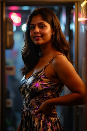 A woman posing confidently, radiant in a metallic dress with digital patterns and neon accents, against a blurred backdrop of vintage circuitry and neon lights. Soft, warm lighting highlights her features,  reflecting a digital glow. Her stylish gaze is set off by the retro-futuristic atmosphere, as if stepping out of a 1980s time capsule.,NeemoFairy,Liminal Space,Ambience Steampunk,Mallu beauty 