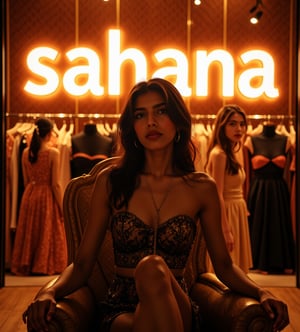 create me something beautiful, sexy, A beautiful woman, dressed in high fashion, sits on a throne in a luxurious boutique shop, surrounded by perfect cinematic lighting. Behind her, the shop's name "sahana" is displayed in oversized glowing letters, commanding attention. Girls in the background casually explore the dresses on display. The scene highlights both the elegance of the boutique and the glowing, bold shop name.,Enhanced all