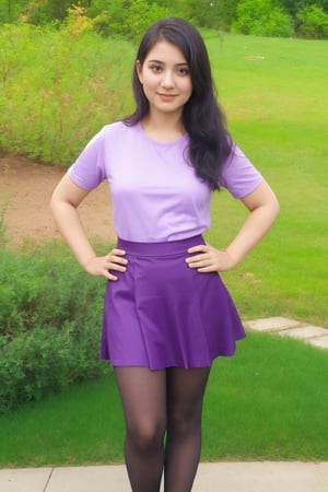 1girl, solo, looking at viewer, skirt, black hair, brown eyes, standing, full body, pantyhose, see-through, purple skirt, long skirt, realistic, purple shirt