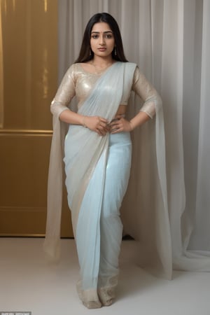A striking image: Saree, a stunning 20-year-old Tamil girl, confidently struts down the catwalk in her custom-made holographic neon fashionwear, bathed in soft focus and matte lighting with a subtle soft-glow effect. Her gaze meets the audience's, exuding professionalism as the classic light fringe framing her face creates a sense of sophistication. The blurred bokeh effect in the background adds depth, while the SFM-rendered attire accentuates her svelte figure.,38 years old plump 