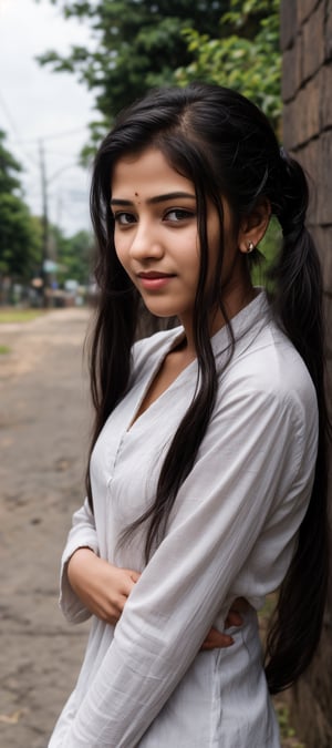 1girl, solo, long hair, black hair, twintails, jewelry, earrings, lips, realistic, beautiful mallu girl, 18 years old girl, outside, beautiful girl walking on the street , twintail hairstyle 
