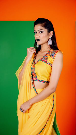 a woman dressed in a traditional Indian outfit stands in front of a vibrant orange backdrop. The woman's outfit is adorned with a yellow blouse, adorned with blue, red, and orange accents. She is wearing a pair of silver earrings, and a ring on her finger. Her hair is styled in a sleek bob, and her eyes are focused on the camera. She has a serious expression on her face, and she is wearing black lipstick. Her left hand is draped over her right shoulder, adding a touch of contrast to her outfit. The backdrop is a combination of green and orange, creating a striking contrast to the woman's body.,Payal