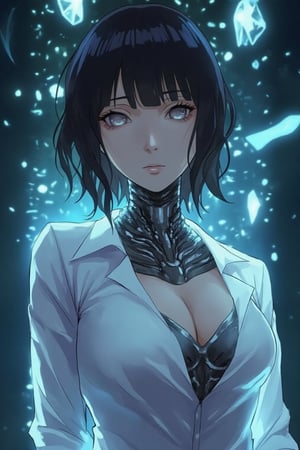 Huyuga hinata, Cyberpunk female android wearing a white shirt, ((The shirt is wet and transparent)),see-through clothes, A cybernetic body can be seen underneath, light reflecting off the mirrored mechanical body, short wavy brown hair, and piercing eyes. Mechanical neck and chest with intricate details. Futuristic background with holographic elements. Anime style, high-contrast lighting, detailed mechanical parts, elegant yet robot-like poses, and a sophisticated and mysterious atmosphere.