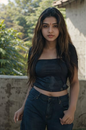 1girl, Kerala beautiful women 18 years old, solo, long hair, brown hair, shirt, t  shaped navel, outdoors, pants, sandals, denim, jeans,  photo background,Tamil girl