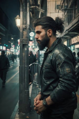 A brown skin man:1.4, man, a long beard, ponytail, side view, outdoor,city background,portrait,(best quality,4k,8k,highres,masterpiece:1.2),ultra-detailed,(realistic,photorealistic,photo-realistic:1.37),professional,vivid colors,studio lighting,sharp focus,physically-based rendering,extreme detail description,portraits,urban,modern,crowded,nighttime atmosphere,warm color tones,dynamic perspective,reflection,busy streets,tall buildings,streetlights,illuminated windows, bustling city life,confident expression,fashionable attire,dynamic pose,beard,stubble, trendy haircut,clear eyes,well-defined features,cheekbones,shadow play,jawline,cityscape,luxurious atmosphere,window displays,trendy neighborhood,artistic flair,photography-esque,bokeh,street art,metro station,motion blur,skyscrapers,city lights.,Beard man ,30 year old man,Beard man,CyberpunkWorld,15 yo boy