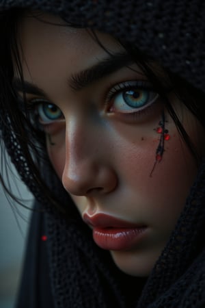 (Best quality), Create an artistic and striking image, (highly detailed and surreal), lighting highlights, abstract contrast, on the part of a face where the details of (one only eye), hyper tunning, made up in a fantasy style and with a tattoo are shown, striking scarf covers the forehead, notable eyelashes, iris of striking colors, the background contrasts the main image and gives focus to it, Ultra-detailed, perfectly focused and sharp, UHD 8K, HDR, artistic photographic style,Traditional 