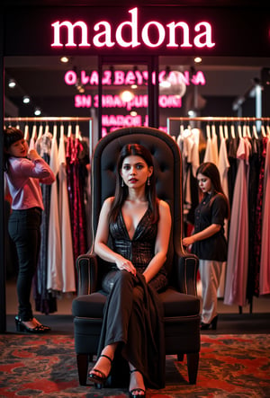 create me something beautiful, sexy, A beautiful woman, dressed in high fashion, sits on a throne in a luxurious boutique shop, surrounded by perfect cinematic lighting. Behind her, the shop's name "madona" is displayed in oversized glowing letters, commanding attention. Girls in the background casually explore the dresses on display. The scene highlights both the elegance of the boutique and the glowing, bold shop name.,Enhanced all,madona Sebastian 