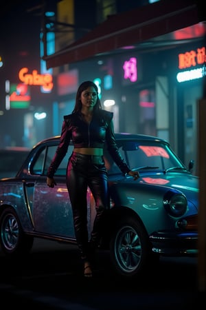 A retro-futuristic scene featuring a woman standing beside a sleek, chrome-plated car. The car has a vintage design with futuristic accents, such as neon lights and holographic panels. The woman is dressed in a stylish, 1950s-inspired outfit with futuristic elements like metallic fabrics and digital patterns. Teal and orange lighting, a glow on the car and the woman. The composition frames the woman and car prominently, with the background featuring a cityscape of neon signs and flying vehicles.

The atmosphere is fun and inviting, featuring colors like black, blue, dark blue, dark purple, gray, light green, purple, and orange. Neon lights in pink, blue, and green illuminate the space, creating a bokeh and Depth of Fieldeffect. The focus is on the girl from the torso to the head, captured in a cinematic style with a Sony A7R IV full-frame camera,Mallu beauty 