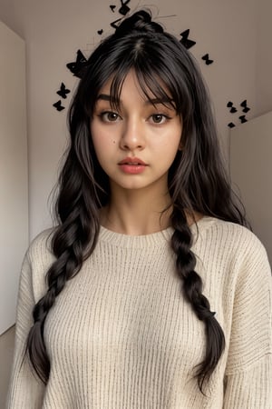 1girl, solo, long hair, black hair, braid, black eyes, twin braids, sweater, lips, realistic