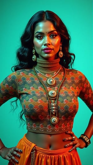 A stylish Mallu girl with a curvy, sexy figure poses confidently in a modern, non-traditional outfit adorned with traditional ornaments. She wears oversized, colorful patterned turtleneck that stands out against a teal and orange background, graded with cinematic color tones. The scene captures a complex, action-oriented pose reminiscent of cyberpunk themes from Blade Runner and The Matrix, set in a highly stylized, photorealistic, futuristic City, morning, sun light, hi tech atmosphere, enhancing the modern, high-quality 32K masterpiece. Studio lighting accentuates every detail, bringing a mix of traditional elements and futuristic vibes together in this dynamic composition, 

bad quality, worst quality, text, signature, watermark, extra limbs, low resolution, partially rendered objects, deformed or partially rendered eyes, deformed, deformed eyeballs, cross-eyed, blurry,Payal