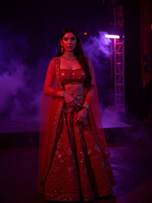 Cool cinematic lighting, matrix movie theam,A stunning Madona Sebastian, dressed in a rich red lehenga with intricate embroidery, paired with heavy gold jewelry She stands against a luxurious Hollywood-style backdrop, with subtle neon accents to emphasize her glamorous attire, DuaLipaFlux