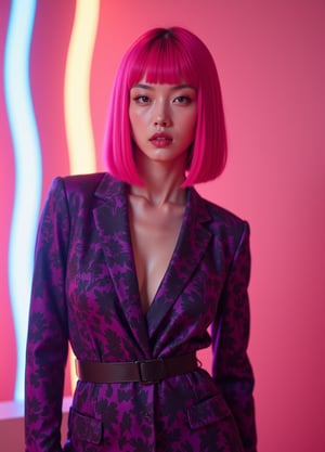 A striking abstract fashion shoot featuring a beautiful pink supermodel with a straight pink bob hairstyle in sexy obscure clothes, obscure locations, obscure poses, obscure make up