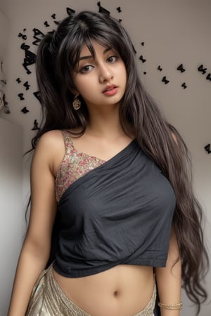 1girl, solo, long hair, black hair, twintails, jewelry, earrings, lips, realistic, navel, beautiful Indian girl