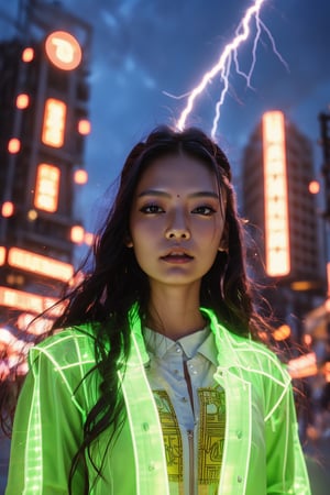 A young and fashionable Taiwanese woman is standing in a square in a metropolis. Behind the woman, a bolt of lightning struck straight towards the ground,close_up,cowboy_shot,Neon,Face,Glow,lightning,(lightning),(lightning background),thunder,lightning bolt