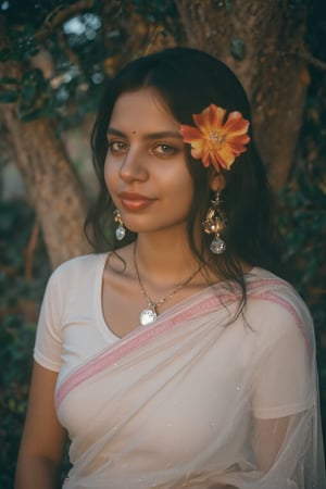 Raw photo of (18yo Kerala Beautiful young woman:1.1, (best quality, highres, ultra-detailed:1.2), This breathtaking photograph, shot on a Canon 1DX with a 50 mm f/2.8 lens, beautifully showcases the raw and authentic beauty of life. high resolution 8k image quality, vibrant colors, glowing dimond, glowing eyes, realistic Raw photo, realistic lighting, traditional white saree,  exotic beauty, mesmerizing eyes, girl ,Thrissur,Mallu,Saree,35mm photo