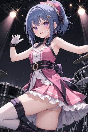 Maizono Sayaka, a sultry solo idol, poses with confidence, her long dark blue hair flowing like a waterfall as she gazes directly at the viewer. The high-angle perspective captures her radiant smile, accentuating her purple eyes and prominent bangs held in place by a hair ornament. Her thigh-high pink boots and matching gloves add a touch of sass to the scene. A vibrant pink dress with frilly details adorns her body, cinched at the waist by a black belt. In the background, a drum set beckons attention, while white dots dance across the purple ceiling. Sayaka's raised arms balance her pose, tongue playfully poking out as she exudes charm and charisma.