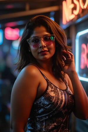 A woman posing confidently, radiant in a metallic dress with digital patterns and neon accents, against a blurred backdrop of vintage circuitry and neon lights. Soft, warm lighting highlights her features, oversized glasses with futuristic lenses reflecting a digital glow. Her stylish gaze is set off by the retro-futuristic atmosphere, as if stepping out of a 1980s time capsule.,NeemoFairy,Liminal Space,Ambience Steampunk,Mallu beauty 