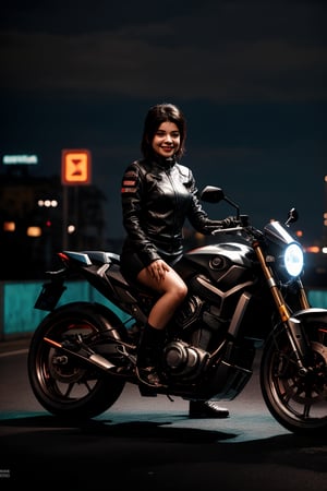 A futuristic cityscape from Tron Legacy serves as the backdrop for a young girl sitting on a sleek motorcycle. The gleaming metallic surface of the bike and the urban landscape reflect her radiant smile, while neon lights and holographic advertisements hum with energy around her.