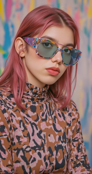 A vibrant, close-up portrait of a young woman with pink hair, wearing oversized, colorful sunglasses, and patterned turtleneck, abstract, textured background | pop art style, bold colors, detailed, highly stylized | photorealistic | studio lighting
,cinematic , film grain, Short telephoto focal length, shot on ALEXA 65