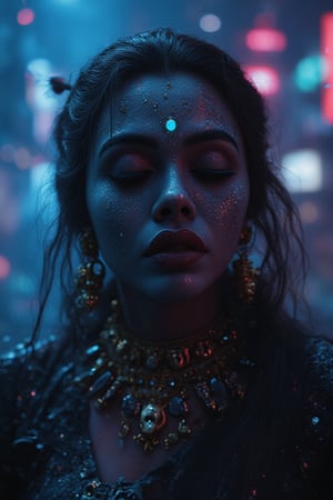 Design a cyberpunk-style movie poster with the title "KALI" prominently displayed in bold, futuristic letters at the top. The central focus of the poster is a close-up of a cyberpunk Asian female android, her face a blend of human-like features and sleek, metallic components. She has a serene expression with her eyes closed, as if in a meditative state, connected to a digital or virtual world. Her synthetic skin has intricate glowing patterns, and her hair is styled in a futuristic, sleek cut.

The background features a dark, neon-lit cityscape typical of a cyberpunk world, with vibrant colors like blues, purples, and pinks illuminating the scene. There are towering skyscrapers, holographic advertisements, and subtle rain effects to add depth and atmosphere. The android's surroundings are filled with digital particles and soft light trails, enhancing the dreamlike and futuristic feel of the poster.

The title "ai patapperukki" should be prominently displayed, glowing with neon lights, possibly casting a soft glow over the poster. The overall design should evoke a sense of futuristic mystery and the merging of technology with human consciousness

 A powerful and terrifyingly beautiful depiction of the Hindu goddess Kali Maa, portrayed with a perfect hourglass figure and a dark, foreboding atmosphere. She has black or blue skin, with her third eye prominently displayed on her forehead, radiating fierce energy. Her 10 hands are spread out:1.4, each holding a different mythological weapon or symbolic item, such as a skull and traditional Hindu weapons. Kali Maa is adorned with gold and traditional ornaments, including necklaces, bangles, and anklets that gleam against her dark skin. Her attire is a traditional cracked saree, worn in a way that reveals her powerful and curvaceous form. Her hair is wild and dirty, flowing around her like a storm, adding to her fearsome presence. The scene is set on a dark, horror-themed night, with a cinematic atmosphere and dramatic color grading that emphasizes the intensity and otherworldly power of the goddess. The lighting casts deep shadows and highlights her divine yet terrifying beauty. The background is ominous, filled with swirling mists and dark clouds, enhancing the sense of dread and reverence. The overall image is detailed, with intricate textures and rich colors, creating a visually stunning and awe-inspiring portrayal of Kali Maa, the goddess of time, death, and destruction.,Goddess Kali,Horror,Indian goddess,  