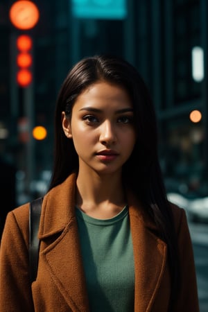 Brown skin woman in a city, matrix movie scene, matrix movie colour grading, stylish, cool background and warm foreground colour , teal background colour grading, orange foreground colour grading