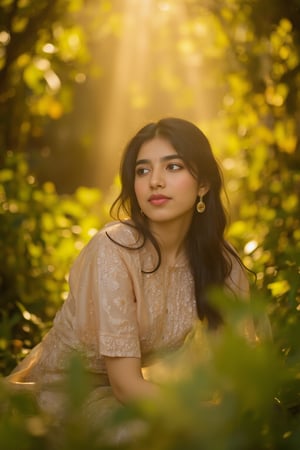 A stunning portrait of Kalyani Priyadarshan, framed by a warm golden light. She sits serenely in a lush greenery-filled setting, her long hair cascading down her back like a gentle waterfall. Her eyes sparkle with quiet confidence as she gazes softly into the distance.,Sahana15 