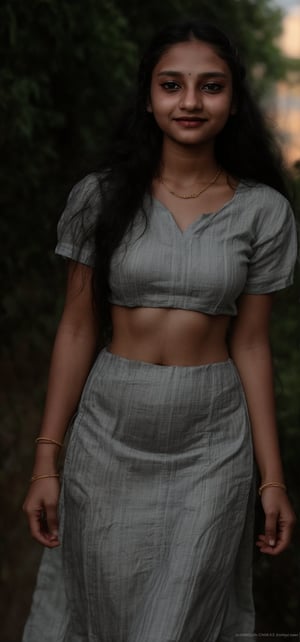 1girl, solo, long hair, looking at viewer, smile, black hair, dress, jewelry, standing, necklace, blurry, Red dress, bracelet, realistic, 15 years old, dark skin , dim light, drak atmosphere, low light ,16 years old girl , Midriff 