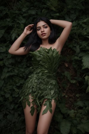 Create a costume with Plantain leaf only leaf no real dress, a beautiful young women in nature dress, real leaf, a girl covered her private parts with Plantain leaf 