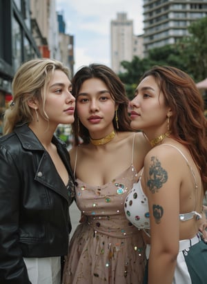 Three realistic women standing together in a modern city street. Each has distinct features: one with short blonde hair wearing a leather jacket, another with long brunette hair in a flowy dress, and the third with shoulder-length red hair, dressed in business attire. They are casually interacting, with skyscrapers and busy traffic in the background. The city is bustling with life, people walking by, and the sky is partly cloudy with a warm, natural glow illuminating the scene.


Create a highly detailed image of a fantasy girl blending elements of cinematic art and modern digital design. Navel exposed, midriff exposed, Her pale skin glows with a soft, ethereal light, intricately adorned with golden, cracked patterns that evoke the delicate art of kintsugi, tracing along her features with a mystical glow. These patterns intertwine with neon tattoos, forming geometric shapes that pulse with a magical energy. Her large, mesmerizing eyes shift between shades of deep teal and oceanic blue, as if holding the mysteries of the sea within them, drawing the viewer into her intense, calm gaze.
..,(her hand crackling with huge electricity power as she gazes directly at the camera)),futurediff, cyborg, robot,noc-futuristic