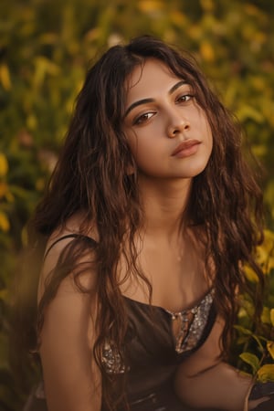 A stunning portrait of madona Sebastian framed by a warm golden light. She sits serenely in a lush greenery-filled setting, her long hair cascading down her back like a gentle waterfall. Her eyes sparkle with quiet confidence as she gazes softly into the distance.madona Sebastian 