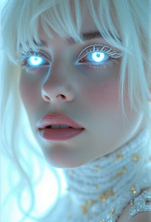 , albino Billie Eilish woman with glowing eyes and hair in white gold jewelry, light painting, futuristic digital, realistic sci-fi, lights, gold filigree, silver lashes, diamond, ethereal, misty, holographic, white sky on background,glitter