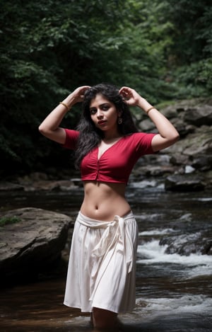 Beautiful curvy women, solo, long hair, skirt, shirt, black hair, jewelry, standing, full body, earrings, midriff, water, blurry, arms up, bracelet, tree, blouse, , blurry background, white skirt, red shirt, long skirt, rock, photo background, Indian traditional dress , 28yo, plumb , not slim,  The task is to annotate the image by identifying and describing its content using natural language. The image contains a woman standing in a natural setting, which includes a stream and rocks. She is dressed in traditional attire with a red blouse and a white skirt, adorned with gold detailing. Her pose and the serene environment suggest a connection with nature and possibly a cultural or personal significance to the attire and setting. The watermark indicates that the image may be from a collection or an artist's portfolio.