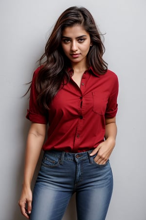 There a girl isma young hot beautiful hsdan girl Wearing red Shirt and Jeans, hot looks face features like Kama Kaif, summer look Standing locking into the camera, portrait causal phets ResPurtrat,