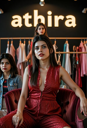 create me something beautiful, sexy, A beautiful woman, dressed in high fashion, sits on a throne in a luxurious boutique shop, surrounded by perfect cinematic lighting. Behind her, the shop's name "athira" is displayed in oversized glowing letters, commanding attention. Girls in the background casually explore the dresses on display. The scene highlights both the elegance of the boutique and the glowing, bold shop name.,Enhanced all,madona Sebastian 