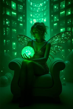 1girl, HKMagic, A beautiful fairy wearing black sheer pantyhose,  with glowing wings is sitting in crystalz throne in magic library as she looks at big green orb of magic and spells. She has detailed facial features and there is a glowing green light in the background with cinematic lighting, fairycore, hkmagic, masterpiece, best quality, highly detailed, sharp focus, dynamic lighting, no shoes, black pantyhose, full body shot,Details,Skin texture 