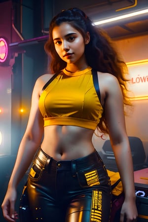 Raw photo, realistic, 20 year old  woman,   thick waist, long curly brown hair, movie scene, cinematic, navel, high-quality, ultra-detailed, professionally color graded, professional photography.  ( hard light:1.2), (volumetric:1.2), well-lit, double exposure, award-winning photograph, happy_face, Fast shutter speed, 1/1000 sec shutter, salwar, yellow cloth, sleeveless,18 year old girl,1 girl,CyberpunkWorld,Sexy Pose,20 year old girl,1girl