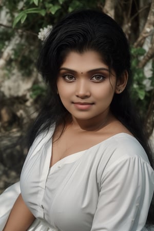 In this 8K masterpiece, a Canon 1DX with a 50 mm f/2.8 lens captures the mesmerizing gaze of  mallu curvy woman against a neutral indoor backdrop. Her spring roll drill raven-black hair flows like a waterfall,  A subtle drill pattern adds texture to her locks as she wears a crisp white shirt that accentuates her delicate features. Her bright smile and piercing black eyes meet the viewer's gaze, exuding warmth and charm. Spring hairstyle:1, drill hairstyle:1, ,Black beauty, dark_skin_female, long gown with side slit, 