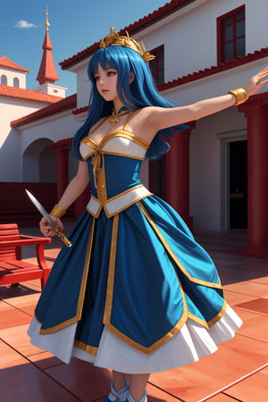 Captured from a low-angle perspective, a vibrant blue-haired woman, dressed in a traditional Asian costume, is adorned with a white and blue skirt, adorned with gold accents. She stands on a tiled floor, her arms stretched out to her sides, revealing a sword in her right hand. Her hair is adorned in a crown, adding a pop of color to her outfit. The sword is held in her left hand, while her right arm is stretched out in front of her. Her left hand is positioned in the air, adding balance to the scene. The scene is set against a backdrop of red pillars, a white building, and a red bench. The sky is a bright, sunny day.