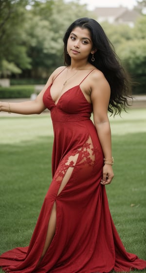 Dark skin:2, brown skin, A dark-skinned cosplayer stands outside on a lush green grass, striking a pose in a stunning red gown that flows elegantly around her curves. Her long, curly brown hair, she gazes directly at the viewer with warm, brown eyes. A delicate necklace and bracelet adorn her neck and wrist, respectively, catching the soft outdoor light. The camera captures a blurred background, emphasizing her striking features and the dress's flowing folds as she leans to one side, showcasing her dark skin glowing warmly in the natural light.