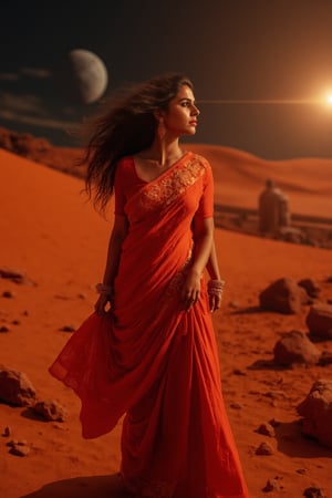 Mars Explorer in Traditional Attire
"A stunning Indian woman stands on the red, rocky surface of Mars, blending elements of her cultural heritage with futuristic technology. Mars rover near She wears a sleek saree, with glowing neon accents:1, customized to reflect traditional Indian motifs, such as intricate gold patterns and a sari-like drape over her shoulder. Her hair wave, mars effect, mars havy sand storm:1.4, revealing a radiant face with sharp, determined eyes. The harsh Martian environment contrasts with her beauty, while the backdrop features the dusty Martian landscape, distant planets, and a futuristic space colony on the horizon. The lighting is dramatic, with warm tones highlighting the red sands of Mars, creating a powerful, cinematic scene captured in ultra-realistic photography."

Details: face texture, perfect eyes, 5 finger on each hands, hair details, costume texture perfect, symmetry, Sharp background,