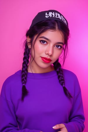 A photorealistic full-body portrait of a stunning 21yo hubggirl with perfect hands. She wears a vibrant purple sweater and double braids adorned with tiny earrings. Her shoulder-length purple hair is styled in intricate braids that cascade down her back. Her eyes are a deep, rich purple, framed by thick eyelashes and subtle makeup. A bold red lip color adds a pop of brightness to the overall gradient background, which transitions seamlessly from pink to purple. The subject's gaze is direct, with a hint of sassiness as she wears a trendy hat and sports a confident smile. Shut up, indeed!,Teenager 