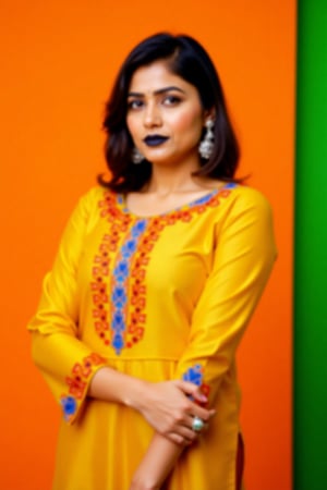 a woman dressed in a traditional Indian outfit stands in front of a vibrant orange backdrop. The woman's outfit is adorned with a yellow blouse, adorned with blue, red, and orange accents. She is wearing a pair of silver earrings, and a ring on her finger. Her hair is styled in a sleek bob, and her eyes are focused on the camera. She has a serious expression on her face, and she is wearing black lipstick. Her left hand is draped over her right shoulder, adding a touch of contrast to her outfit. The backdrop is a combination of green and orange, creating a striking contrast to the woman's body.,Payal