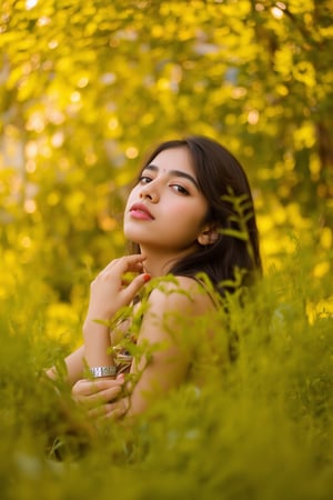 A stunning portrait of Kalyani Priyadarshan, framed by a warm golden light. She sits serenely in a lush greenery-filled setting, her long hair cascading down her back like a gentle waterfall. Her eyes sparkle with quiet confidence as she gazes softly into the distance.,Sahana15 