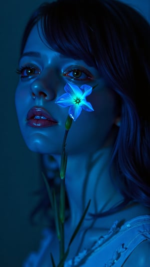 A breathtakingly detailed CloseUp Photography masterpiece captures the essence of an exquisite girl's hair adorned with a stunning bioluminescent flower. Soft focus blurs the background as the subject's locks take center stage, showcasing intricately textured strands and a single, radiant bluebell-like bloom with delicate water droplets clinging to its luminous petals. The analog-style image is rendered in photorealistic 16k resolution, boasting hyper-realistic details that evoke sculptural art. Oil and marker lines on cracked epoxy glass create an exquisite, high-contrast framework, while ultra-fine illumination highlights the subject's hair and flower with dramatic flair, perfect lighting, and a hint of mystique.