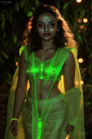 Photo of a mystical fantasy bioluminescent neon woman. Glamorous fashionable lady, glowing dots on face, glowing neon saree ,Light particles and spark,Glowing skin spot,Glowing dots on body