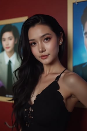  A young woman stands confidently against a movie poster backdrop, her gaze directed straight at the camera, exuding an air of confidence and allure, She wears a black top with a lace pattern, her features softly highlighted by even lighting, Off-center placement draws the viewer's eye towards her, while a subtle hint of a man in the background adds depth to the scene, The movie poster suggests a possible movie theater setting, 